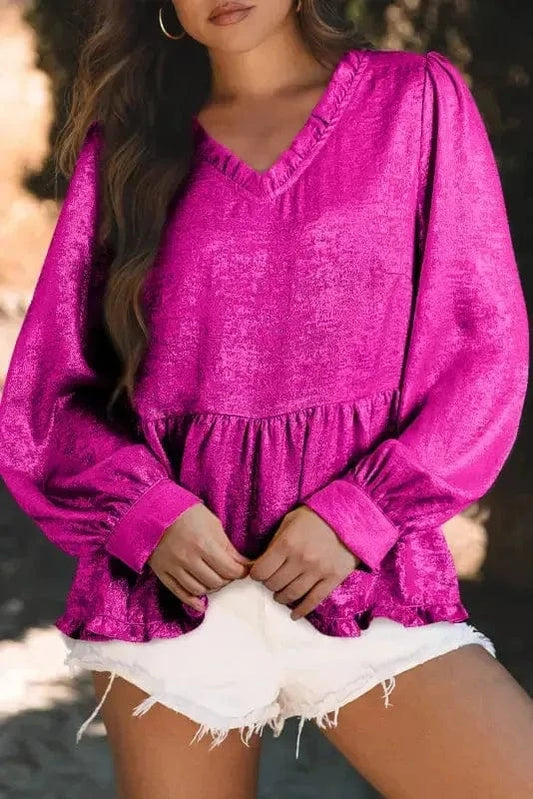 Blouses Rose Red / S / 100%Polyester Metallic Frilled Babydoll Blouse