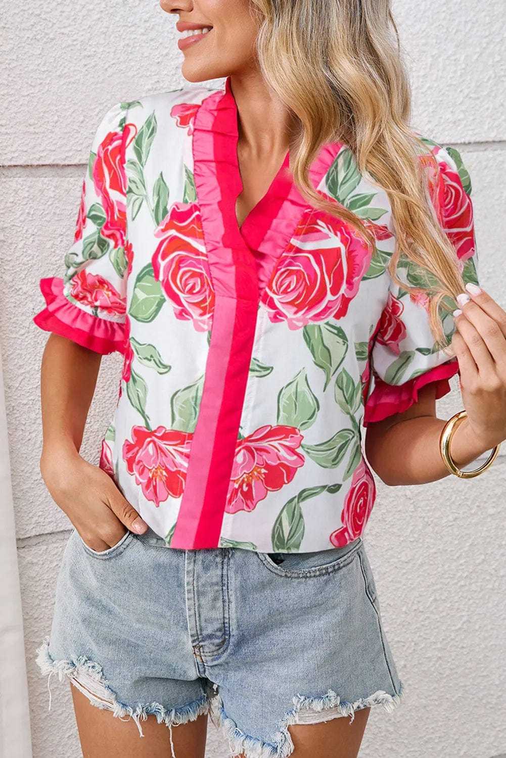 Blouses Rose / S / 100%Polyester Fashionfitz Rosy Bloom Frill Blouse for Trendy Looks