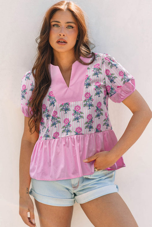 Blouses Rose / S / 100%Polyester Rose Floral Peplum Blouse
