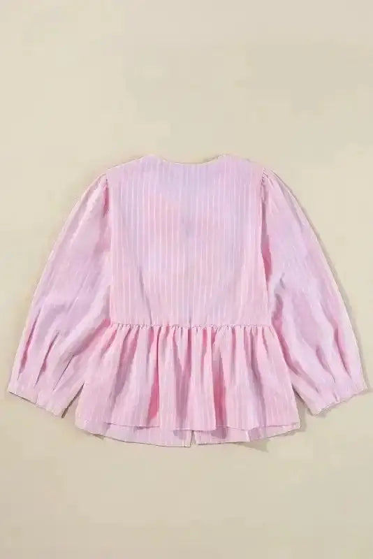 Pink Striped Puff Sleeve Ruffle Blouse Women UK styled as a charming feminine spring occasion outfit — Fashionfitz