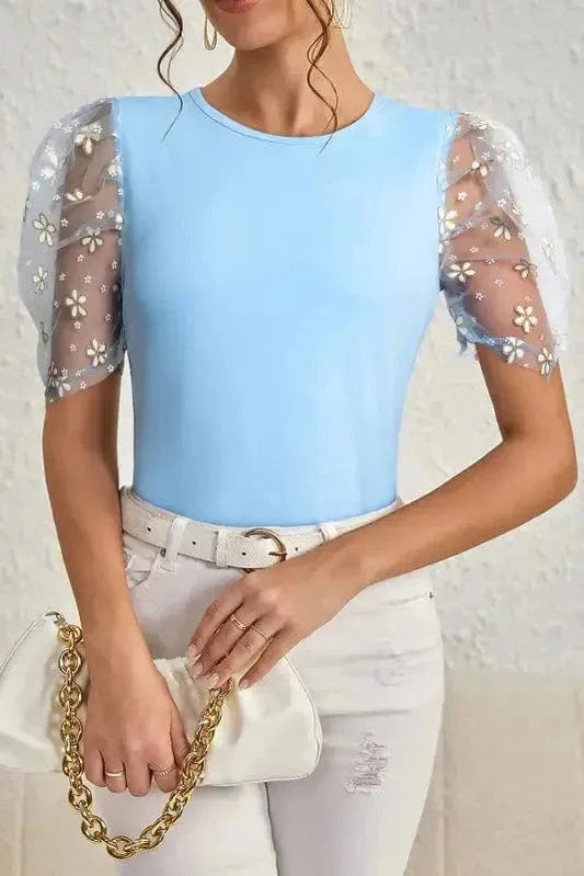 Blouses & Shirts Beau Blue / S / 95%Polyester+5%Elastane Azure Bloom Mesh Sleeve Top