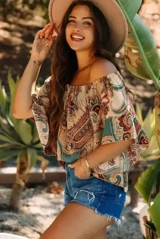 Side view of Boho Paisley Shirred Blouse showing off-shoulder drape and paisley print silhouette — Fashionfitz