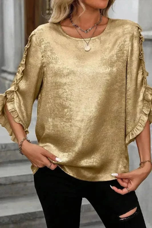 Blouses & Shirts Gold / S / 100%Polyester Velvet Glow Metallic Gold Blouse