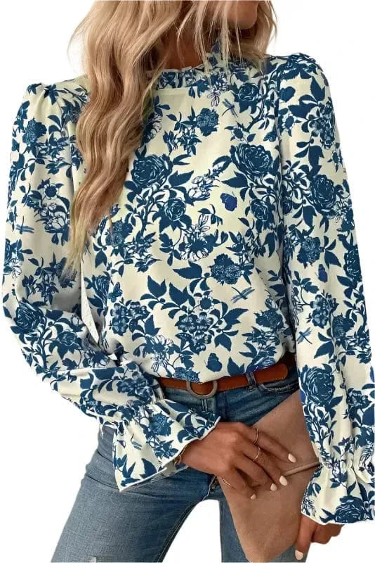 Blouses Sky Blue / S / 100%Polyester Blue Flora Flounce Blouse