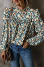Floral Petal Print Puff Sleeve Blouse Women UK in sky blue — front view showing all-over petal print and structured puff sleeves — Fashionfitz