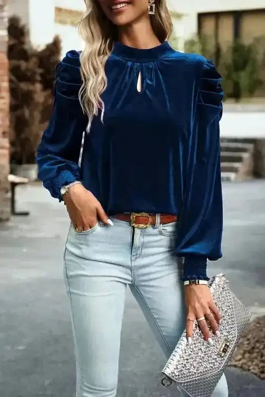 Blouses Sky Blue / S / 95%Polyester+5%Elastane Mock Velvet Blouse - Puff Sleeve