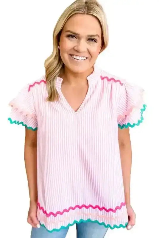 Blouses Sky Blue Stripe Ruffled Sleeve Blouse