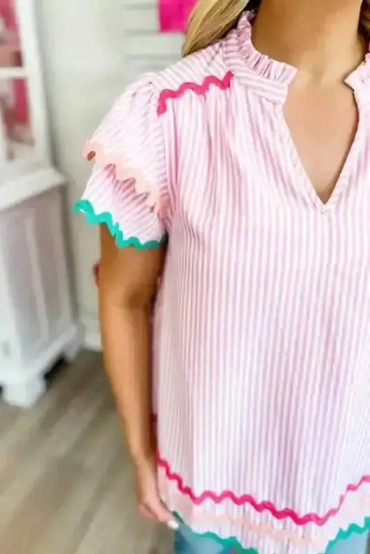 Blouses Sky Blue Stripe Ruffled Sleeve Blouse