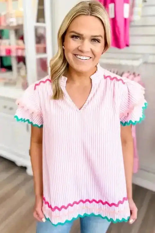 Blouses Sky Blue Stripe Ruffled Sleeve Blouse