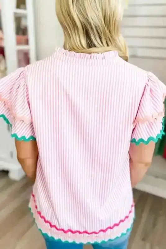 Blouses Sky Blue Stripe Ruffled Sleeve Blouse