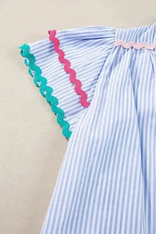 Blouses Sky Blue Stripe Ruffled Sleeve Blouse
