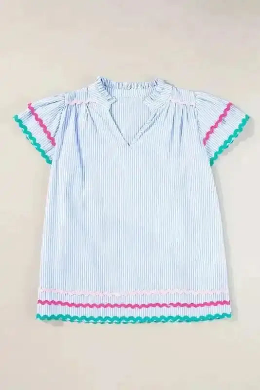 Sky Blue Striped Ruffled Sleeve Blouse Women UK styled as a feminine boho summer casual outfit — Fashionfitz