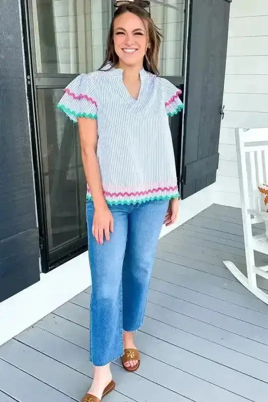 Close-up of Sky Blue Striped Ruffled Sleeve Blouse showing contrast rick rack braid trim and cotton stripe fabric — Fashionfitz