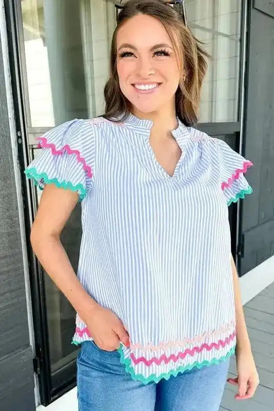 Blouses Sky Blue Stripe Ruffled Sleeve Blouse