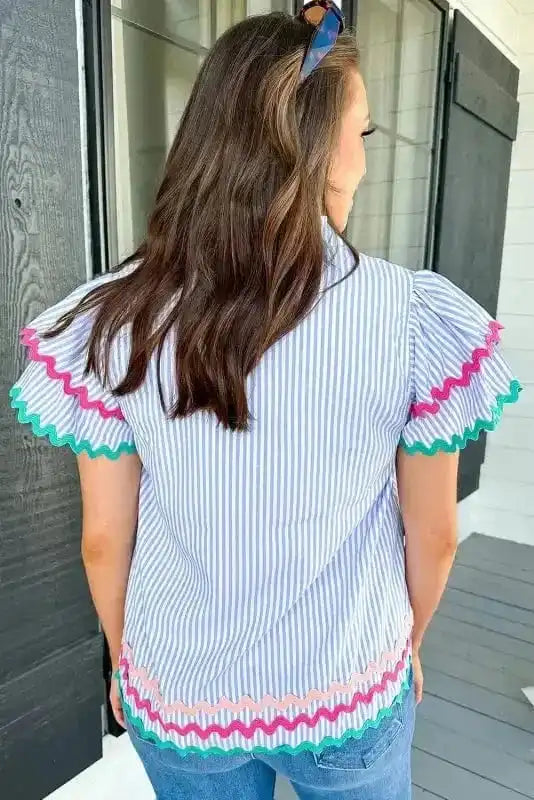 Blouses Sky Blue Stripe Ruffled Sleeve Blouse