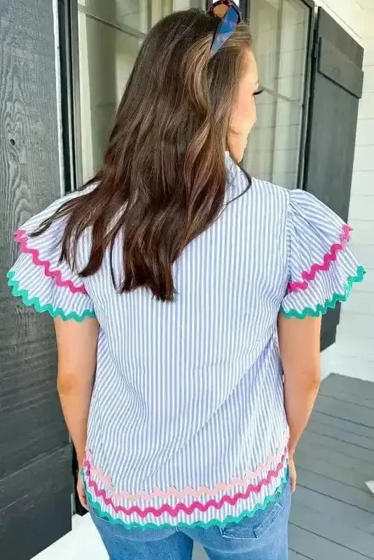 Back view of Sky Blue Striped Ruffled Sleeve Blouse showing contrast rick rack trim and relaxed cotton silhouette — Fashionfitz