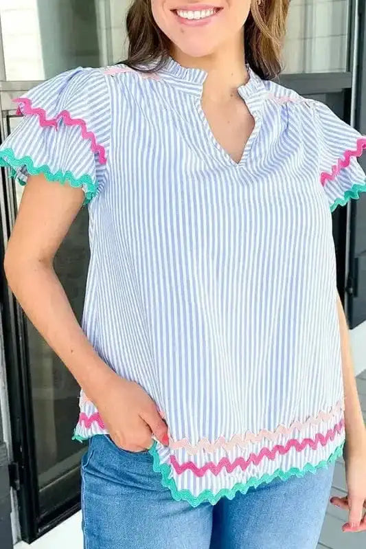 Blouses Sky Blue Stripe / S / 100%Cotton Sky Blue Stripe Ruffled Sleeve Blouse
