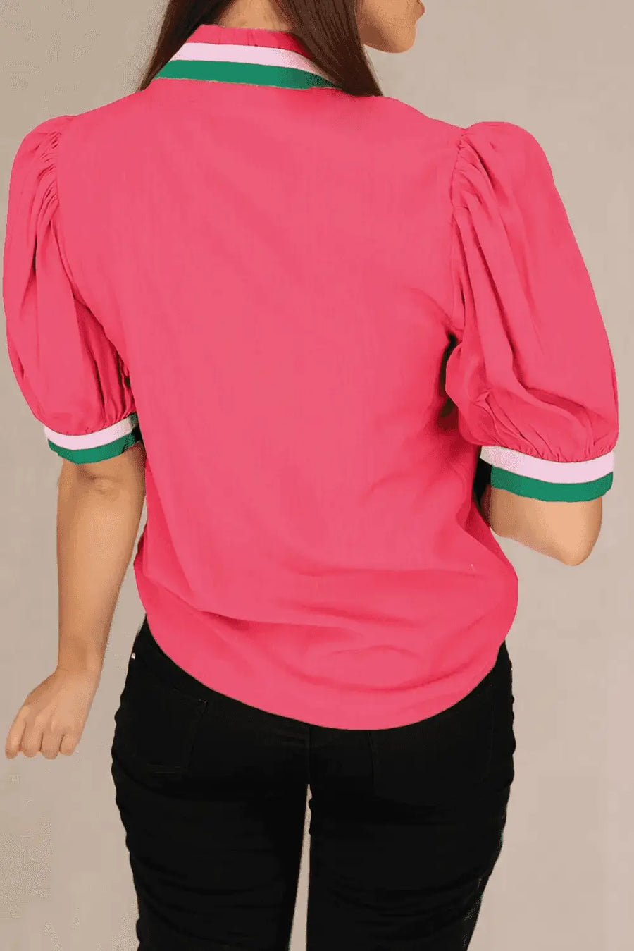 Back view of Colour Block Puff Sleeve V-Neck Blouse showing shirred bodice and relaxed silhouette — Fashionfitz
