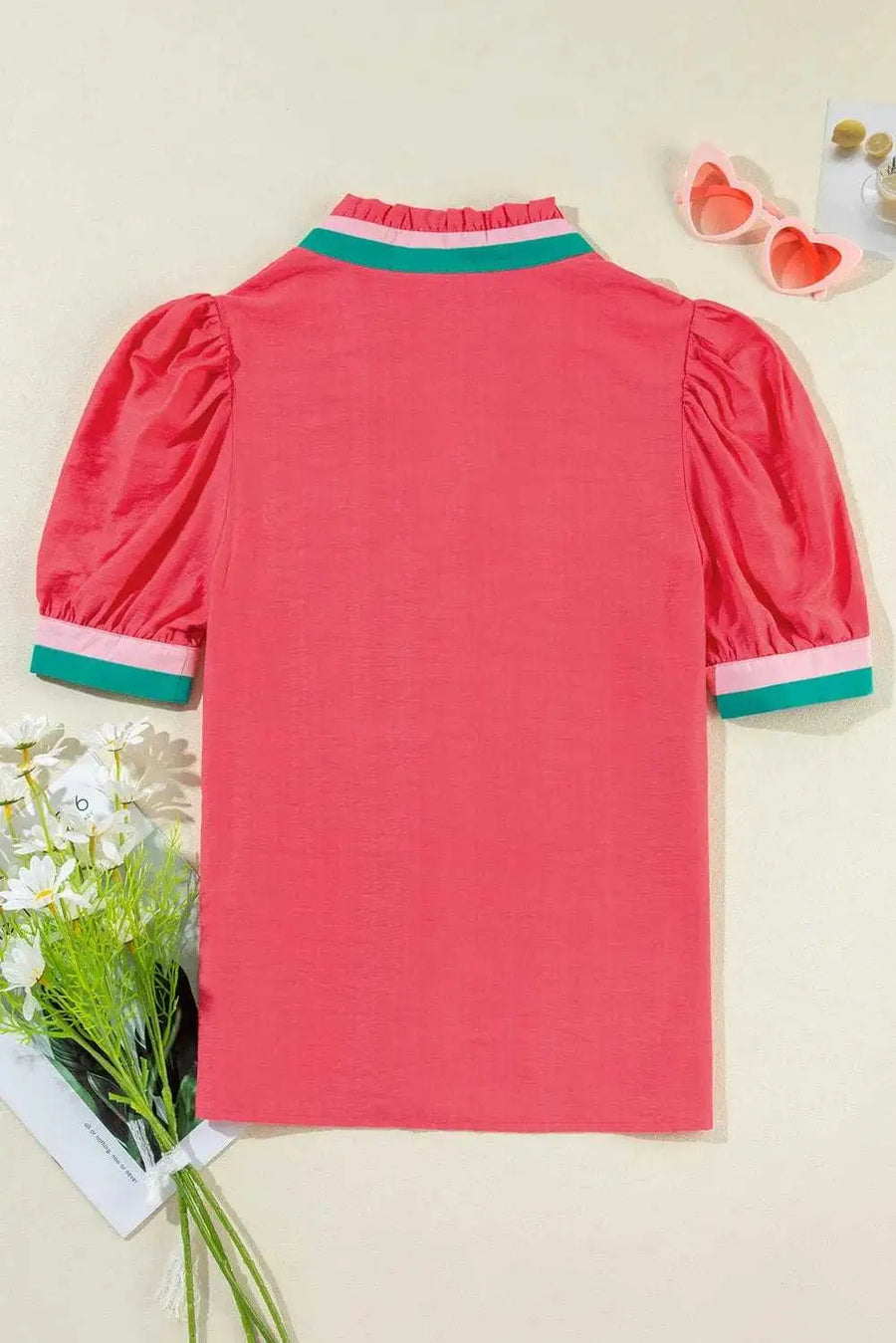 Close-up of Colour Block V-Neck Puff Sleeve Blouse showing vibrant hue arrangement and puff sleeve construction — Fashionfitz