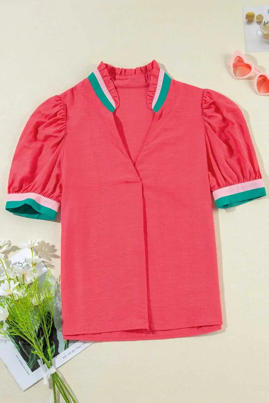 Side view of Colour Block Puff Sleeve Blouse showing puff sleeve structure and V-neckline detail — Fashionfitz