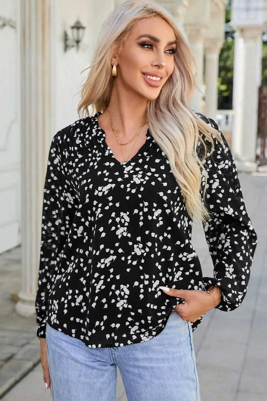 Vibrant Floral Abstract Split Neck Crinkle Fabric Blouse Women UK styled as a statement casual outfit — Fashionfitz