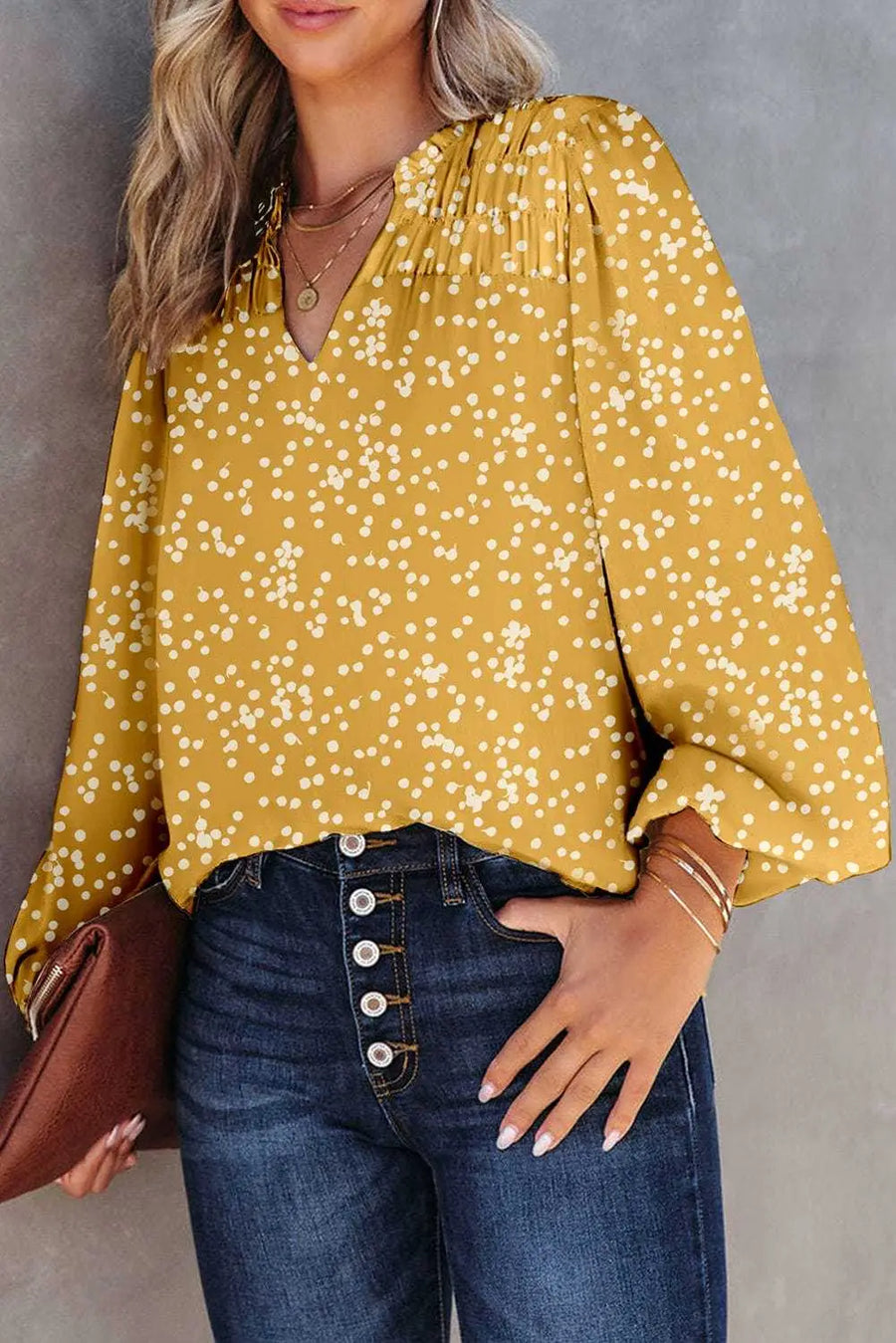 Side view of Floral Abstract Crinkle Blouse showing crinkle fabric texture and shirred bodice detail — Fashionfitz