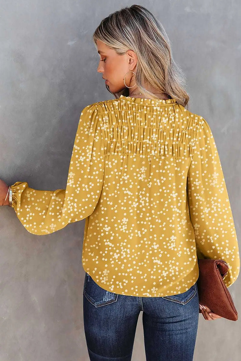 Back view of Floral Abstract Split Neck Crinkle Blouse showing long sleeves and crinkle textured silhouette — Fashionfitz