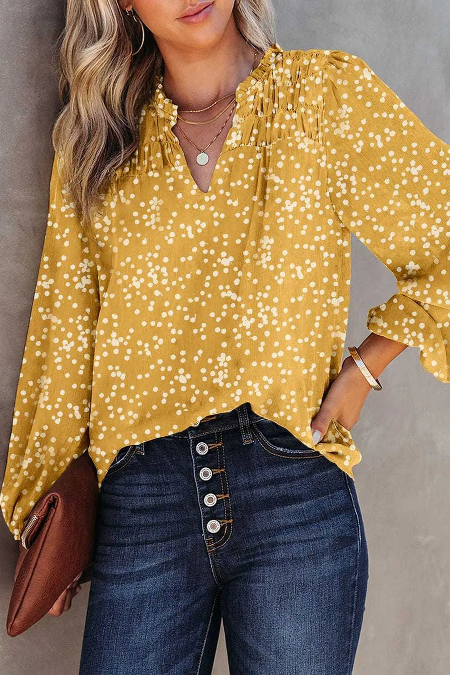 Floral Abstract Split Neck Crinkle Fabric Blouse Women UK — front view showing vibrant abstract print and split V-neckline — Fashionfitz