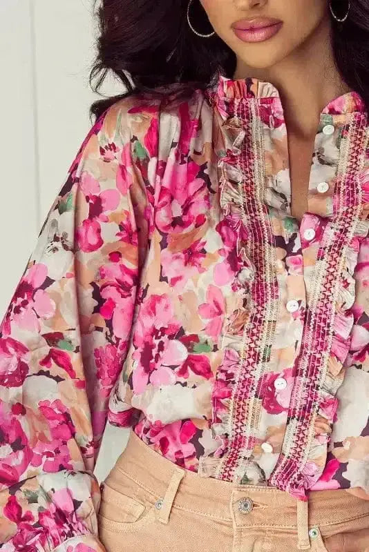 Pink Floral Ruffle Accent Flowy Blouse Women UK styled as a feminine spring garden party outfit — Fashionfitz