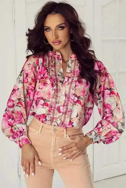 Close-up of Pink Floral Ruffle Accent Flowy Blouse showing vibrant pink floral print and ruffle accent detail — Fashionfitz