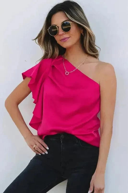 Blouses Strawberry Pink / S / 95%Polyester+5%Elastane Blushing Elegance Asymmetric Satin Blouse