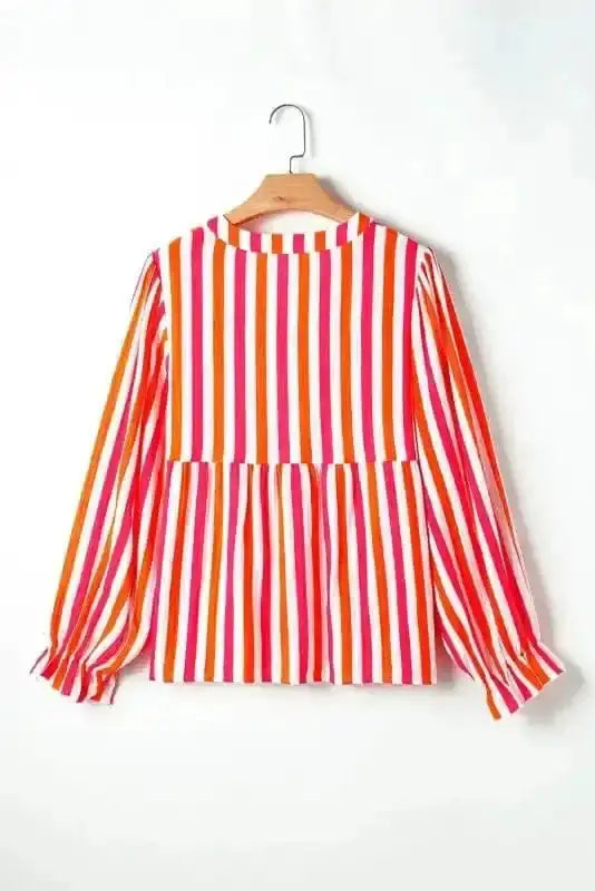 Close-up of Striped Balloon Sleeve Textured Blouse showing vibrant orange stripe pattern on 100% cotton fabric — Fashionfitz