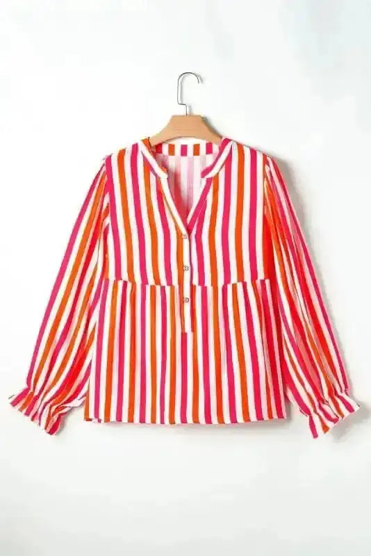 Side view of Striped Balloon Sleeve Blouse showing rounded balloon sleeve shape and flutter detail — Fashionfitz