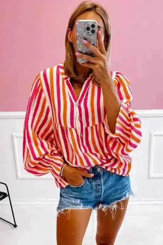 Back view of Striped Balloon Sleeve Textured Blouse showing balloon sleeve structure and 100% cotton silhouette — Fashionfitz
