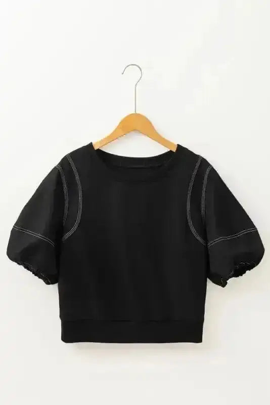 Close-up of Puff Sleeve Textured Stitch Blouse showing unique textured stitching pattern on 80% polyester-20% cotton fabric — Fashionfitz