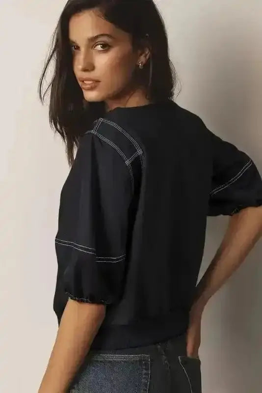 Side view of Puff Sleeve Textured Stitch Blouse showing puff sleeve structure and distinctive stitch texture — Fashionfitz