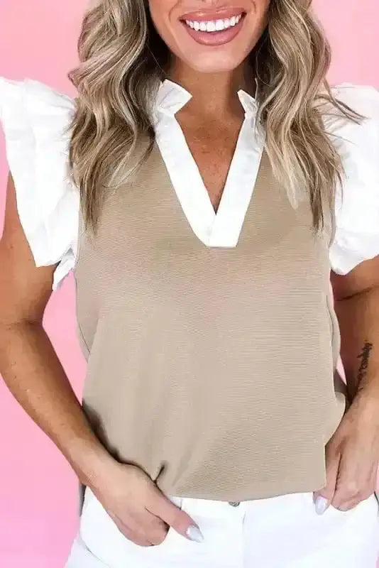 Close-up of Ruffled Textured Knit Colour Block V-Neck Top showing distinctive ruffled knit texture on 65% polyester-cotton-elastane — Fashionfitz