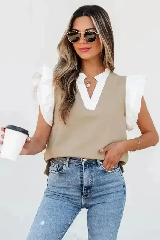 Side view of Ruffled Textured Knit Colour Block Top showing ruffled knit surface and colour block construction — Fashionfitz