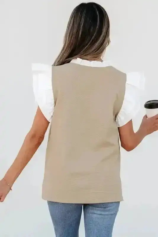Back view of Ruffled Textured Knit Colour Block V-Neck Top showing 3/4 sleeve and textured knit silhouette — Fashionfitz