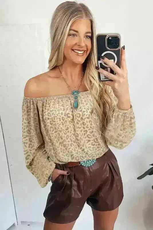 Side view of Velvet Leopard Off-Shoulder Blouse showing off-shoulder construction and ruffled detail — Fashionfitz