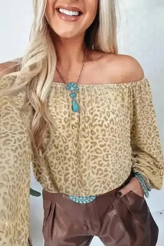 Back view of Velvet Leopard Off-Shoulder Blouse showing long sleeves and high-stretch velvet silhouette — Fashionfitz