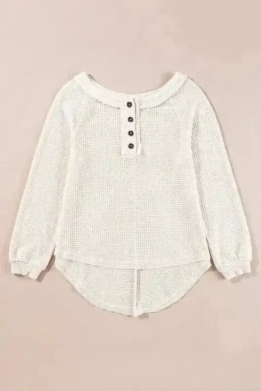 Close-up of Waffle Knit Loose Fit Weekend Casual Top showing distinctive square-patterned waffle knit texture in warm oatmeal — Fashionfitz
