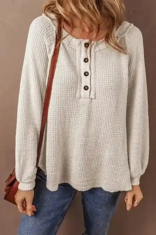 Side view of Waffle Knit Weekend Casual Top showing tactile waffle knit surface and comfortable relaxed fit — Fashionfitz