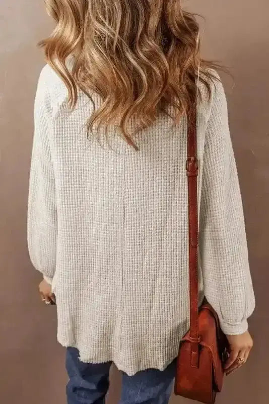 Back view of Waffle Knit Loose Fit Weekend Casual Top showing relaxed loose fit and long sleeve silhouette — Fashionfitz