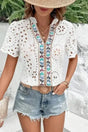 Aztec Embroidered V-Neck Peekaboo Blouse Women UK in white cotton — front view showing Aztec embroidery and V-neckline — Fashionfitz
