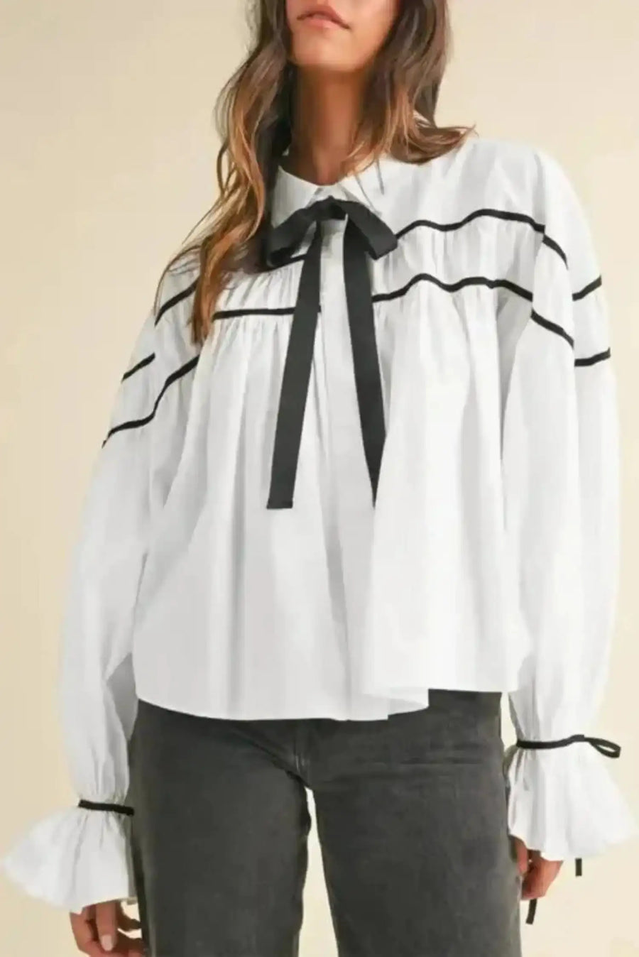 Monochrome Striped Bowtie Cotton Ruffle Blouse Women UK in white — front view showing black piping, bowtie detail and ruffled sleeves — Fashionfitz
