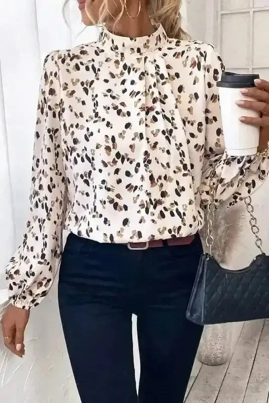 Leopard Print Mock Neck Puff Sleeve Pleated Blouse Women UK — front view showing bold leopard print and mock neck — Fashionfitz