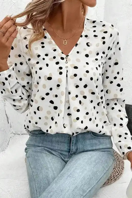 Blouses White / S / 100%Polyester Polka Charm V-Neck Blouse