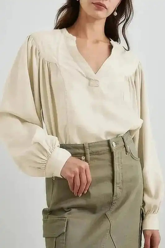 Blouses White / S / 100%Polyester Stylish Notched V-Neck Blouse