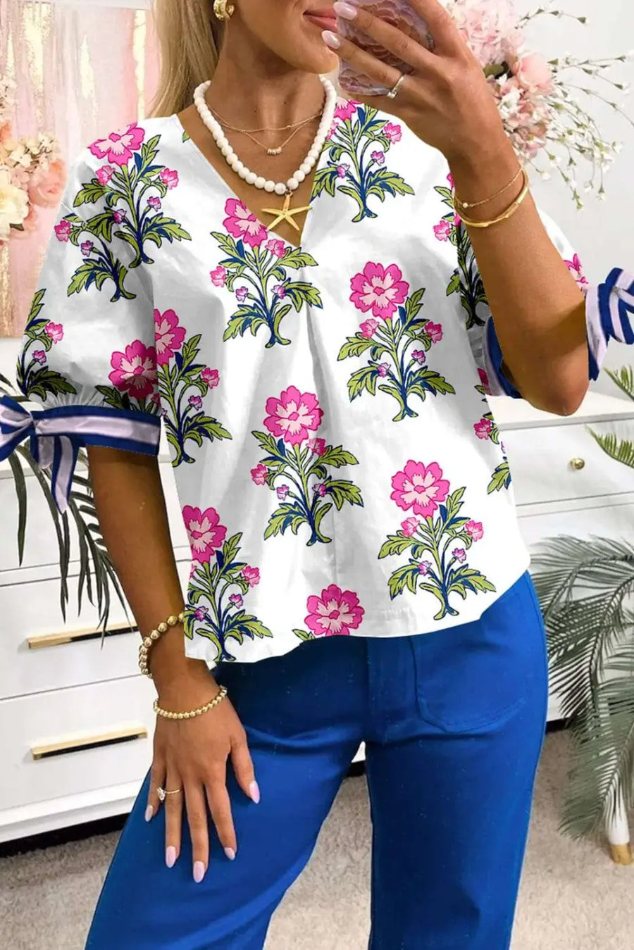 White Floral Bubble Sleeve V-Neck Summer Blouse Women UK — front view showing vibrant floral on white base and bubble sleeves — Fashionfitz